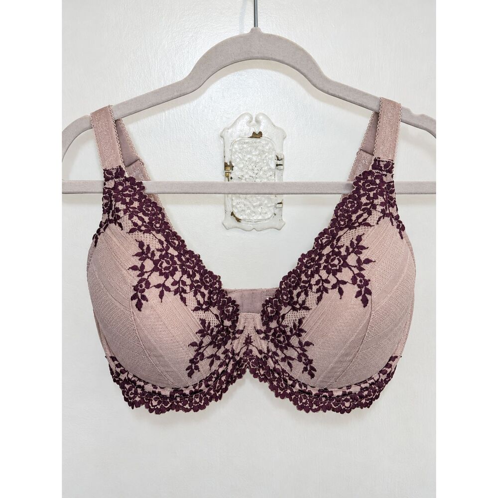 Wacoal Embrace Lace Plunge Bra 34DDD 853291 Taupe Plum Floral Lace